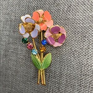 Vintage Enamel Flower Bouquet Brooch with Rhinestones